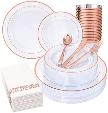 DaYammi 350PCS Rose Gold Plates and Napkins Party Supplies-100 Rose Gold Plastic Disposable Plates-150 Rose Gold Plastic Silverware-50 Rose Gold Cups-50 Rose Gold Napkin for Party