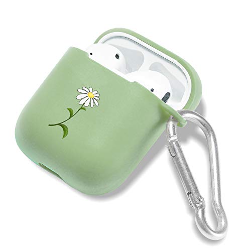 Green Case Cover For Airpod 1&2 W/Keychain Carabiner+Storage Bag,Little Daisy Flower Airpod Case Wireless Earphone Case Smooth Anti-Dust Flexible Silicone Protective Cover Soft Skin Avocado Green Case #TOP3