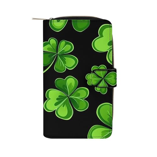 Irish Four Leaf Lucky Clovers Happy St. Patrick's Day Women's Long Wallets Leather Card Holder Purse Zippered Buckle Clutch Handbag