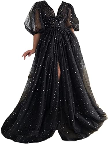 Clothfun Women's Sparkle Starry Tulle Plus Size Prom Dress Puffy Sleeve Long Formal Evening Gowns with Slit 28 Plus Size
