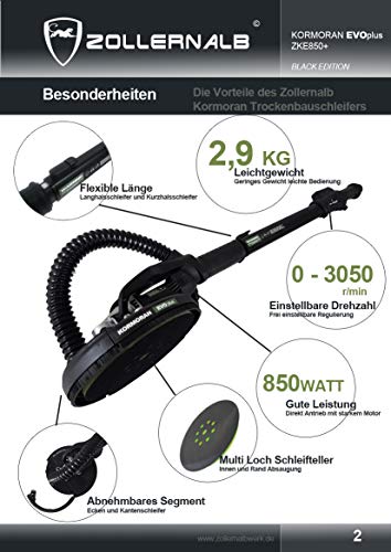 ZOLLERNALB Cormoran EVO+ 2,9 kg lange hals schuurmachine droogbouwslijper wand- plafondslijper Drywallsander 225 mm… - Afbeelding 3