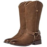 J's.o.l.e Women's Fashion Harness Buckle Strap Wide Calf Cowboy Boots Square Toe Western Riding Cowgirl Boots Brown US Size 11
