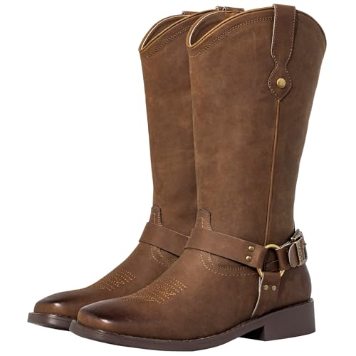 J's.o.l.e Women's Fashion Harness Buckle Strap Wide Calf Cowboy Boots Square Toe Western Riding Cowgirl Boots