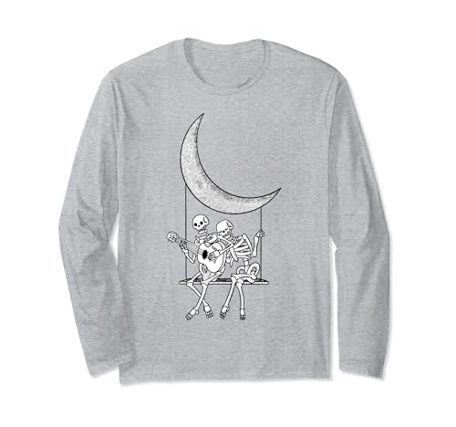 Vintage Skeleton Couple Moon Swing Playing Guitar Rock On Manga Larga