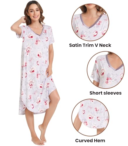 Image of NACHILA Nightgowns for Women-Viscose Made from Bamboo, V Neck Sleepshirts Short Sleeve Sleepwear Cool Nightshirt
