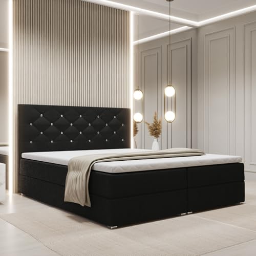 FurniDe24 Boxspringbett mit 2 Bettkästen und Taschenfederkernmatratze H3, Bett mit Zierknöpfen am Kopfteil, Topper-Matratze 3cm, verstärkter Rahmen, schwarz Plüsch, 180x200cm - Fano
