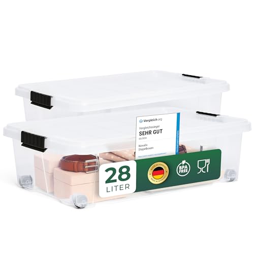 Novaliv 2x Unterbettkommode mit Rollen 28L Aufbewahrungsbox Deckel transparente Nestbar stapelbare mit Clipverschluss Rollkiste BPA-frei 61x40x17 cm