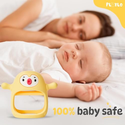 Image of Penguin Buddy Never Drop Silicone Baby Teething Toy for 0-6month Infants, Baby Chew Toys for Teething Pain Relief, Hand Teether for 3-6Months,Gum Massager for Babies (Yellow)