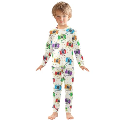 Pajama Sets Long Sleeve Colorful Cameras on Polka Dots Soft Comfy Sleepwear 2 Piece PJS 3-8T2