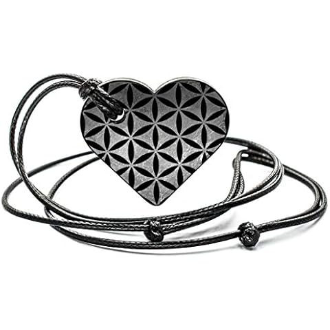 Wallystone Gems Shungite - Heart Pendant Necklace - Flower of Life - for Loved You Ones - Activating and Re-balance Heart and Throat Chakras Cover