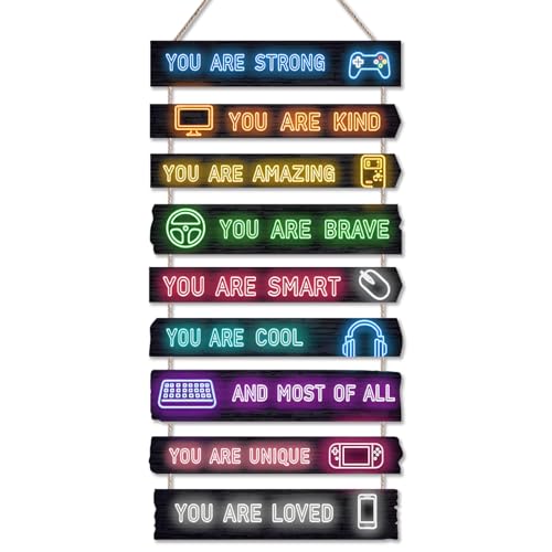 Game Room Decor for Boys, 9-Piece Gaming Wall Art with Inspirational Quotes, Gamer Themed Wooden...