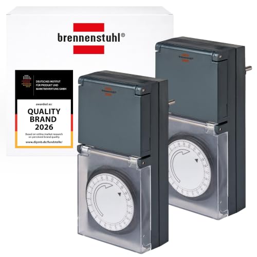 Brennenstuhl 2er Set Zeitschaltuhr MZ 44 mechanische Timer-Steckdose (Tages-Zeitschaltuhr IP44 geschützt mit erhöhtem Berührungsschutz & Schutzabdeckung) grau