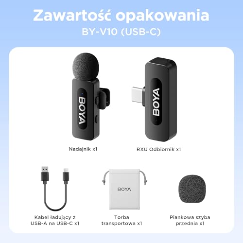 Boya BY-V10 Bezprzewodowy mikrofon USB-C, mini, z redukcją szumów, kompatybilny ze smartfonem z systemem Android, ze złączem typu C, laptopem, do YouTube, podcastów, Facebooka, nagrywania vlogów