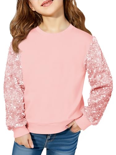 Haloumoning Girls Sequin Sweatshirt Kids Sparkle Long Sleeve Pullover Tops Fall Fashion Clothes 5-14 Years Pink