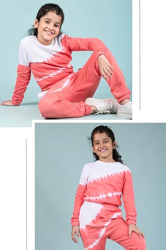 Image of Tweeny Mini Girls Kids Pure Cotton Terry Joggers Set | Tie Dye Co ord Set Winter Combo Outfit with Full Sleeves Sweatshirt and Pants | Relaxed and Comfortable Fittings