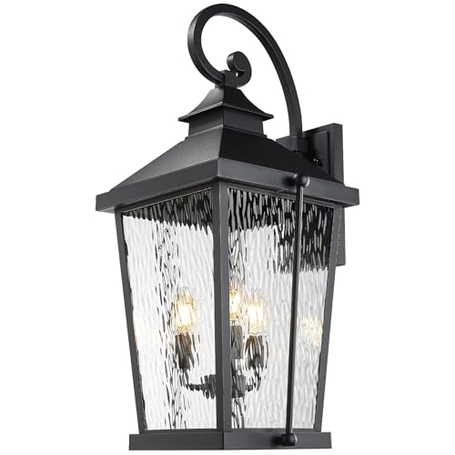 Image of zeyu 27 Inch Outdoor Wall Sconce, Large Exterior Wall Light for Porch Patio, 3-Light Outdoor Wall Lighting with Water Ripple Glass in Black Finish, ZW105B-L BK-SW