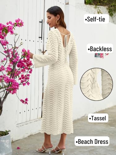 Women's 3D Wave Crochet Beach Cover-up, Heavyweight Dress with Elegant Drape, Bell Sleeve Deep-V Backless4
