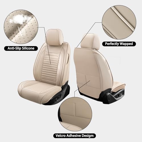 Image of Car Seat Covers Fit for VW Jetta 2007-2026(Beige,Front) | Full Coverage Faux Leather Seat Protector Waterproof Airbag Compatible and All-Weather Automotive Seat Covers