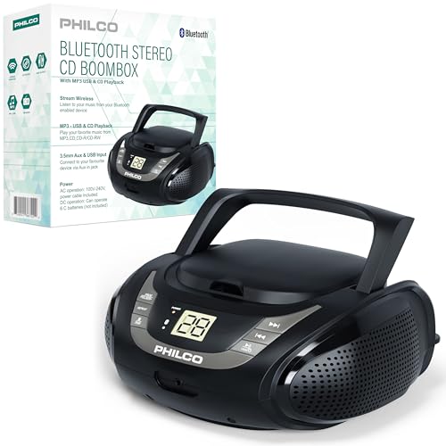PHILCO Portable Bluetooth Boombox with CD Player | Compatible with MP3/WMA/CD-R/CD-RW | FM Radio | 3.5mm Aux Input | Stereo Sound | LED Display | AC/Battery Powered | Compact and Easy-to-Use