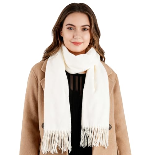 Fengek Pashmina Scarf for Women - Warm Winter Cashmere Blend, Versatile Scarves for Cold Weather & Daily Wear (White)