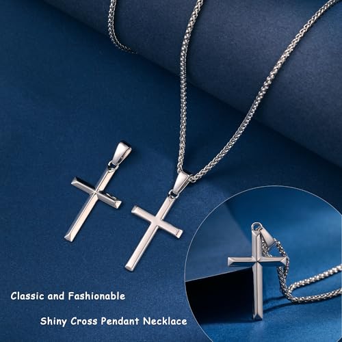925 Sterling Silver Cross Necklace for Men Women with 3MM Stainless Steel Strong Durable Wheat Chain 18K White Gold Plated Beveled Edge Crucifix Pendant Necklace Jewelry Present 16-28 Inches3