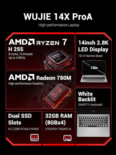 Image of Laptop Computer, 14 inch 2880x1800 QHD+ Display, AMD Ryzen7 H255 (8C /16T Up to 4.9GHz, 70W TDP), 32GB LPDDR5X RAM, 1TB PCIe 4.0 SSD (Up to 8TB Expandable), 500nits, 99Wh Battery, Fingerprint, Gray