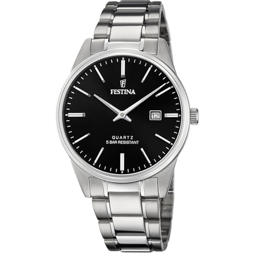 Festina Montre Homme Analogique en Acier Inoxydable 316L Argenté - Mouvement Quartz - Calendrier - Verre Minéral Haute Résistance - Étanche 5 ATM F20511/4