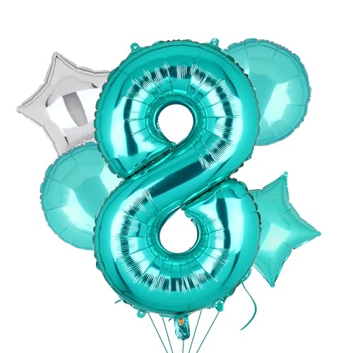 Image of Teal Blue Number 8 Balloons 40 Inch 8th Birthday Mermaid Theme 5 Pcs | Big Helium Mylar Digital Balloon Anniversary Wedding Party Decor Supplies
