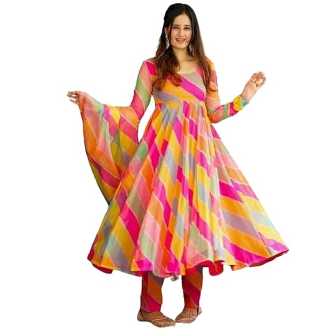 Women Georgette Fit and Flare Round Neck Geometric Evening Gown with Dupatta-image-13