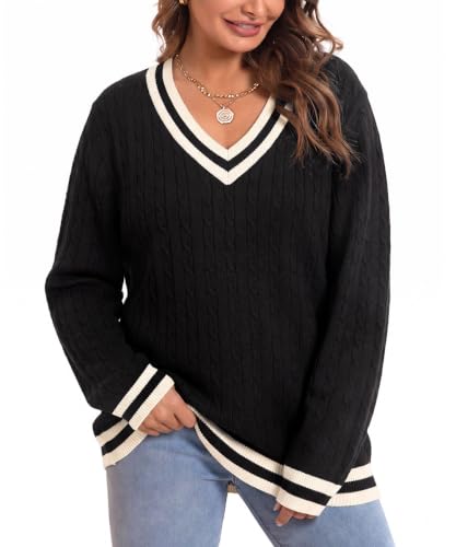Image of CARCOS Plus Size Sweaters for Curvy Women Long Sleeve Cable V Neck Sweater Knit Pullover Preppy Style Fall Winter XL-5XL