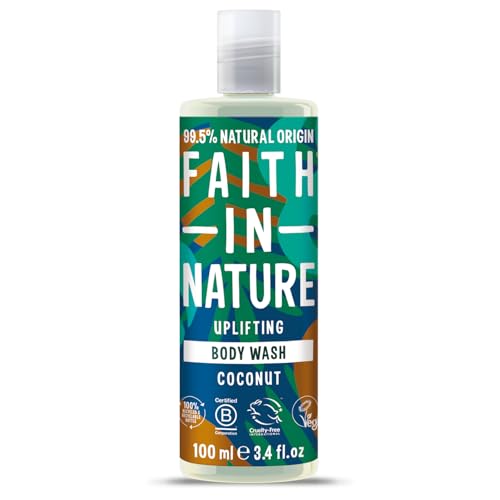 Faith In Nature 100ml Travel Size Coconut Body Wash Uplifting Shower Gel Vegan & Cruelty Free No SLS or Parabens Travel Size
