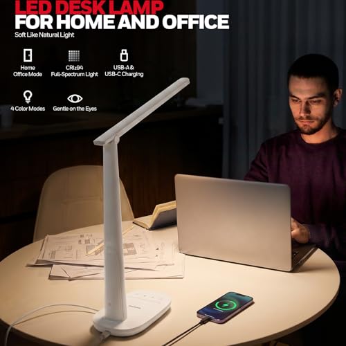 Image of Honeywell LED Desk Lamp for Home Office, Eye-Caring Dimmable Reading Light with 4 Color Modes, Touch Control, USB-A & USB-C Charging Ports, Adjustable Head, Timer for Bedroom & Small Desks