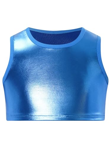 easyforever Kids Girls Metallic Sleeveless Jazz Hip Hop Dance Crop Tops Performance Tank Vest Sports Bra Dancewear Blue 11-12 Years
