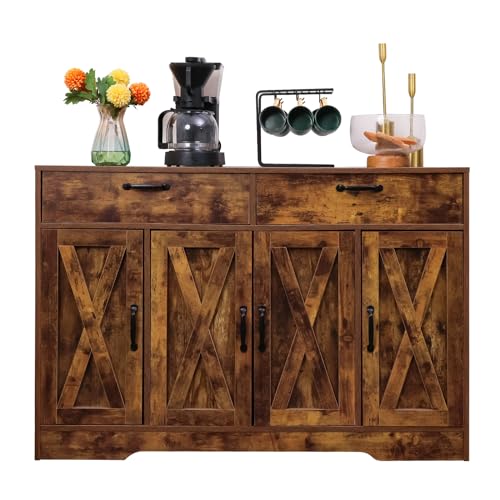 Wooden Storage Cabinet wDrawers Adjustable Shelf Freestanding Cupboard w4 Doors Large Sideboard for Living Room Home Office Kitchen Dining Room Hallway Rustic Brown 47 W