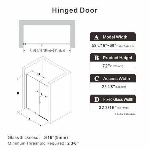 AquivaCoast 59.2-60" W x 72" H Frameless Hinged Shower Door, Pivot Swing Shower Door with 5/16"(8mm) Clear SGCC Tempered Glass, Nano Easy to Clean, Magnetic Closing, Chrome by AquivaCoast - Image 2