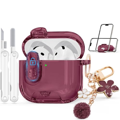 Image of for AirPods 4 Case 2024 with Safety Lock,Wine Red | Clear Case with Phone Stand & Cleaner Kit,Cute Floral Chain for Women Girls,Soft TPU Protective Cover,Shockproof