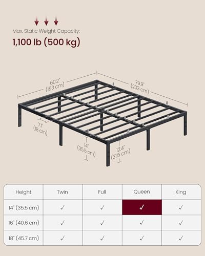 VASAGLE Queen Metal Bed Frame 14 Inches Tall, 1100 lb Weight Capacity, No Box Spring Needed, with Under-Bed Storage, Easy Setup, Heavy-Duty Platform Bed, Mattress Retainers, Matte Black URMB651BD02S - Thumbnail 2