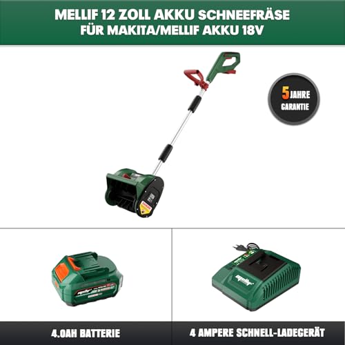 Mellif Akku Schneefräse,elektrische bürstenlose Schneebürste mit 4.0 Ah Batterie,Arbeitsbreite 30cm, max.Räumtiefe 15cm,Wurfweite 6m(inkl. MELLIF 4,0AKKU + 4,0 Ladegerät)