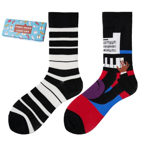 NxnChc Calcetines Divertidos Unisex para Mujer y Hombre con Diseños Asimétricos en Par - Temas Piano Animales, Comida, Fruta, Deporte y Arte en Algodón - Ideal para Regalos