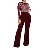 Sprifloral Women Sexy Velvet Long Sleeve Jumpsuit Sheer Mesh Rhinestone Wide Leg Pants Rompers 1 Pie