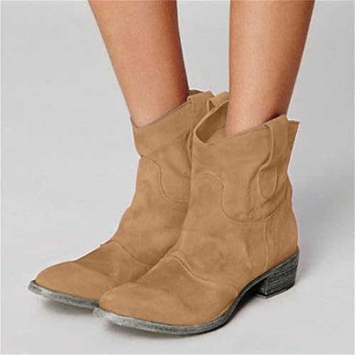 Suede Ankle Boots for Women, Western Ankle Cowboy Boots Low Heel Mid Calf Cowgirl Slip On Round Toe Booties Back Zipper Fall Short Ankle Booties Winter3