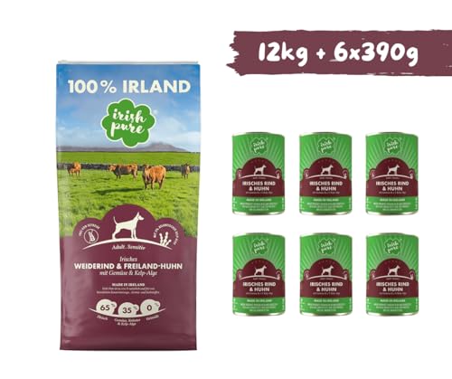 Irish Pure Adult Weiderind + Freiland-Huhn - Hundefutter - 1x12kg + 6x390g – getreidefreies Trockenfutter & Nassfutter – 100 % natürliche Zutaten – mit Kelp-Alge – für ausgewachsene Hunde - Sparpaket
