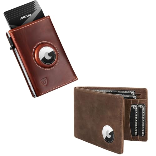 LORZOR AirTag Wallet - Full Grain Leather Handcrafted, Mens Minimalist Wallet with Apple Air Tag Holder, Slim Smart Pop up Card Case, ID Window, RFID Blocking, Front Pocket
