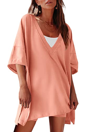 Senserise Womens Workout Set 2 Piece Outfits Short Sleeve V Neck T Shirts Biker Shorts Yoga Reversible Tracksuit(Orange Pink,Xl) #TOP23