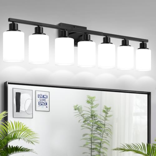 Image of MOKATNG 7-Light Bathroom Light Fixtures, Vanity Light with Milky White Shades, Matte Black Bathroom Light Fixtures Over Mirror, Modern Bathroom Wall Lamp for Mirror Living Room Cabinet Bedroom