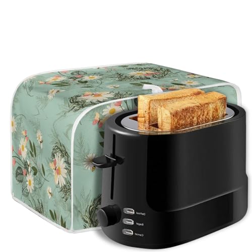 Image of Toaster Dust Cover 2 Slice, Microwave Toaster Oven Grill Stain Resistant Dustproof Kitchen Small Appliance Cover with Top Handle, Daisy Bee Leaf Blue