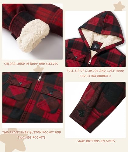 Image of V VALANCH Boys Flannel Jacket Hooded Fleece Lined Zip-up Hoodies Plaid Coat for Kids