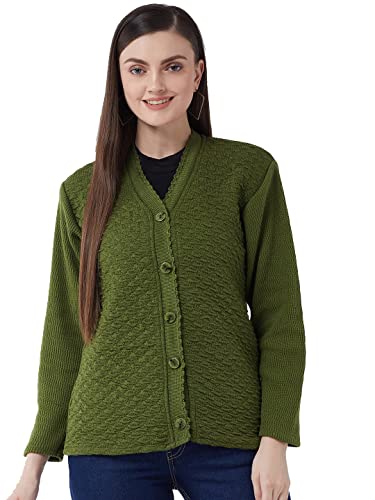 Image of Pivl Self Design V Neck Casual Women Sweater/Cardigan for Winter (Medium, Olive)