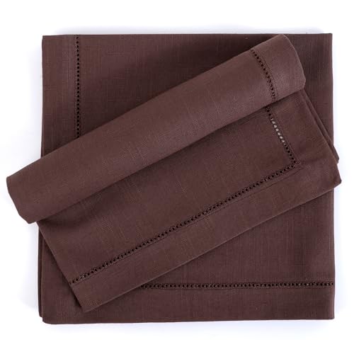 Image of FINGERCRAFT Hemstitched Cotton Table Napkins - Set of 12, 20x20 Inch, 100% Cotton Cloth Napkins with Faggoting Stitching - Durable & Elegant for Parties, Hotels, Everyday Use (Chocolate Slub)