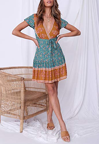 ZESICA Women's 2023 Summer Wrap V Neck Bohemian Floral Print Ruffle Swing A Line Beach Mini Dress - Image 6